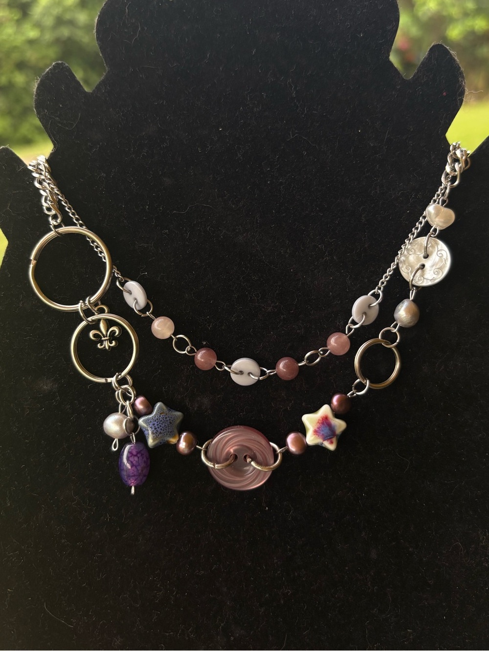 Asymmetrical Purple Bead & Charm Necklace with Ceramic Stars